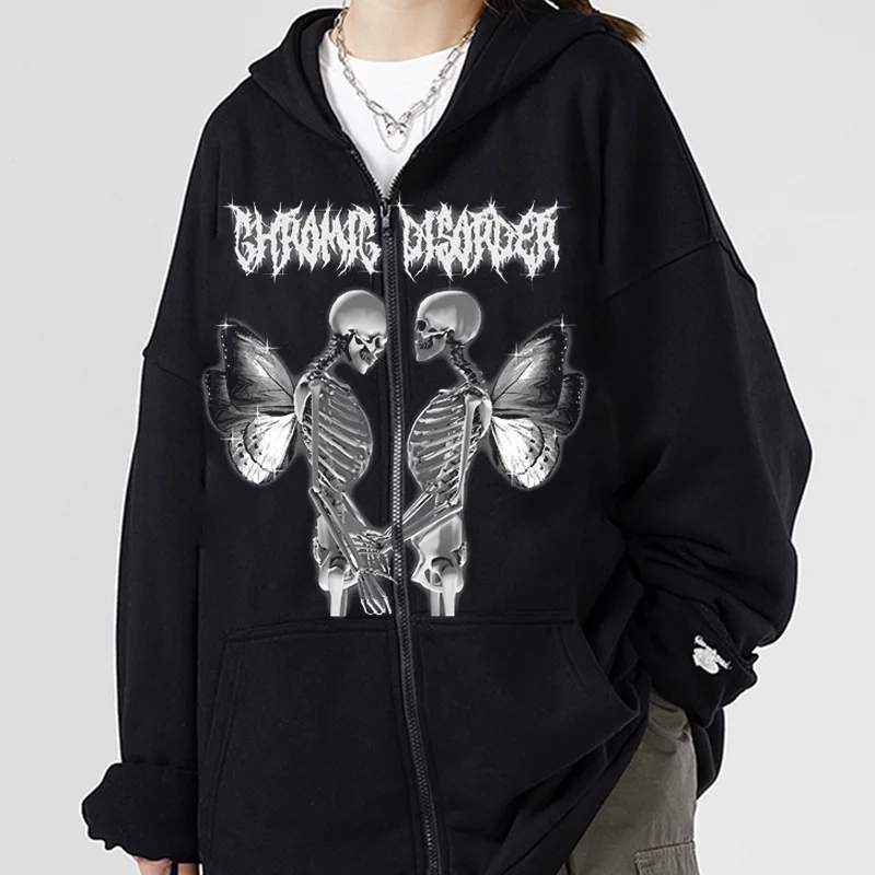 

Hot Y2k Women Vintage Gothic Streetwear Skeleton Print Hoodies 90s Harajuku Oversized Hip Hop Jacket Zip Up Hoodie Y2k Clothes