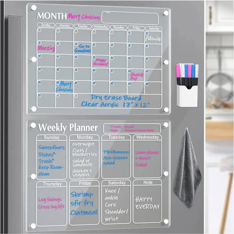 PloutoRich Magnetic Wet Wipe Calendar Board for Refrigerator, Acrylic Clear  Magnetic Calendar Board for Fridge, Reusable Calendar with Markers Cloth  Pens Holder,17x12 