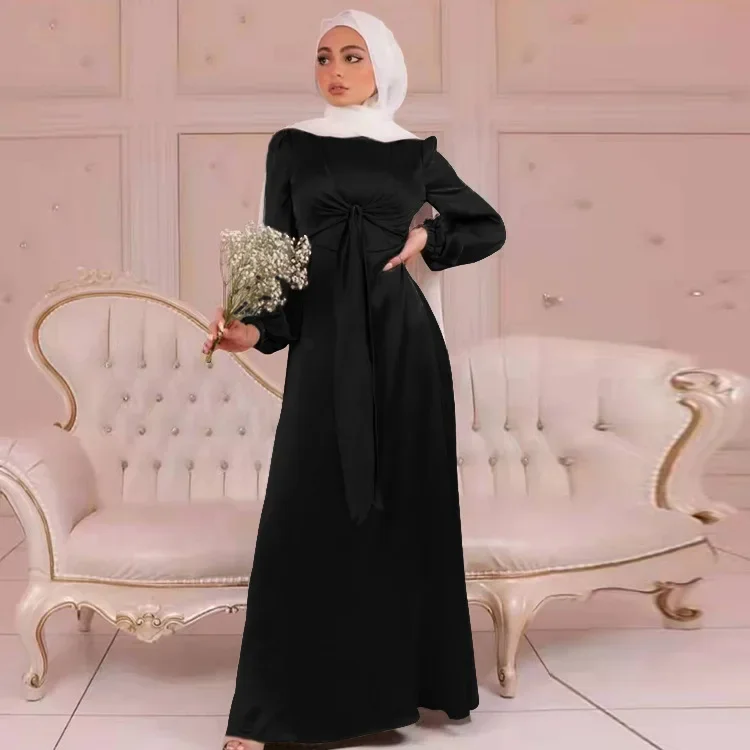 Eid Mubarak Satin Abaya Muslim Hijab Dress Ramadan Abayas for Women Dubai Party Dresses Turkey Islam Kaftan Robe Femme Musulmane
