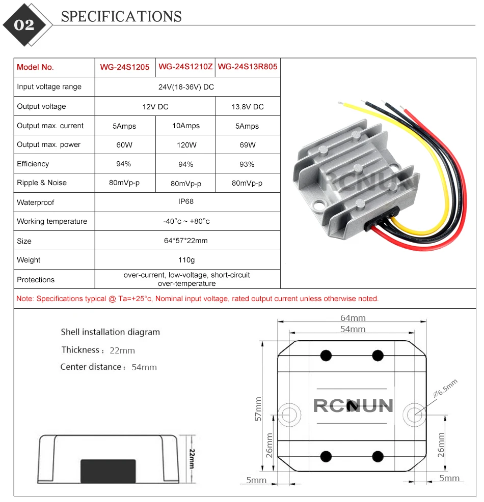 Description Picture 5 of itemRCNUN 24V to 13.8V 5A 10A 20A 30A 40A 50A 60A DC DC Converter Step Down 24 Volt to 12 Volt Buck Regulator Voltage Transformer
