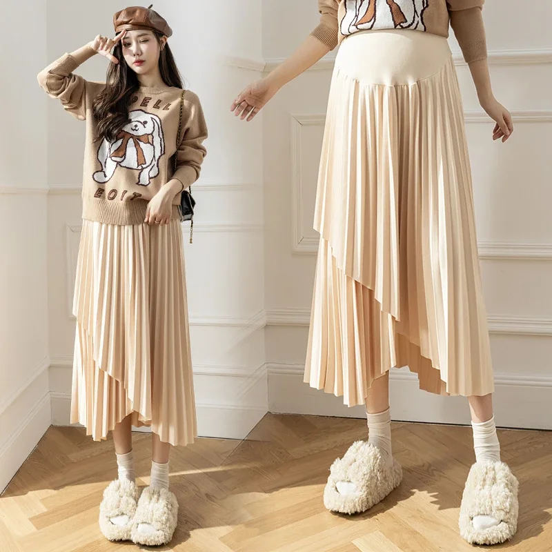 Autumn Winter Korean Fashion Irregular Pleated Maternity Skirts Elastic Waist Belly Loose Clothes for Pregnant Women Pregnancy