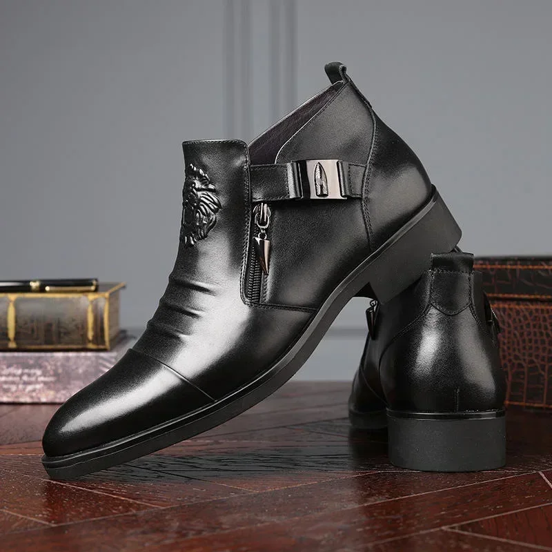 High Top Men Shoes Autumn Men's Casual Leather Shoes Double Sided Zippered Boots Man Ankle Boots Pointed Toe Low (1cm-3cm)