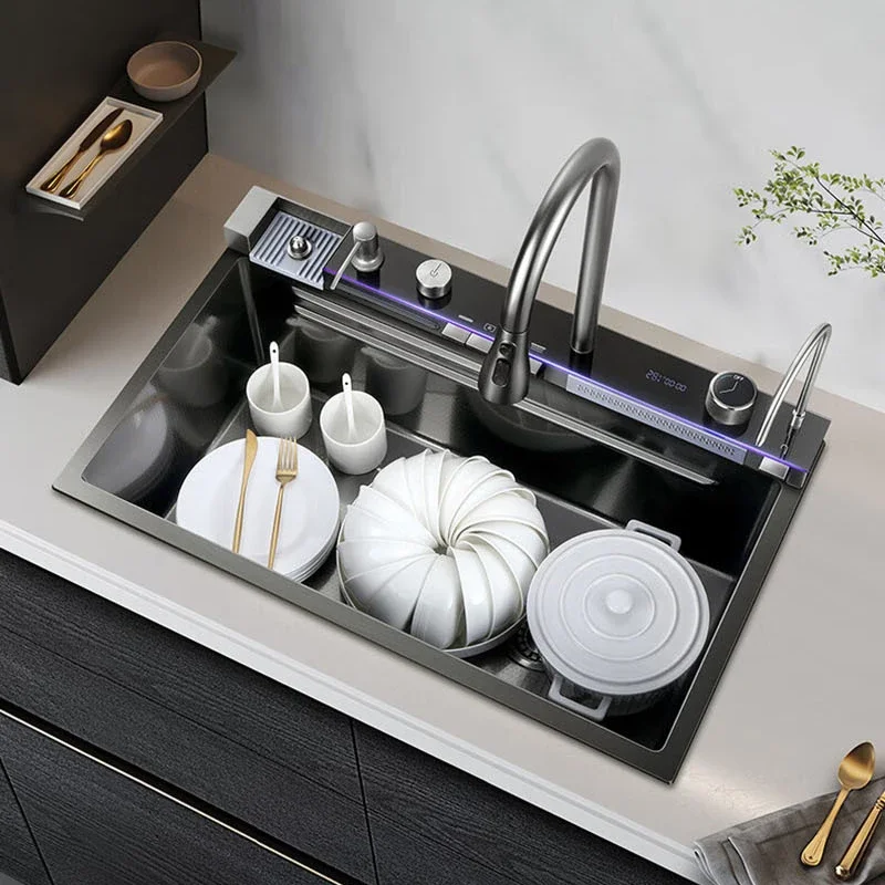 Stainless Steel Large Single Sink Kitchen Waterfall Digital Display Honeycomb Embossed Wash Basin Countertop 3
