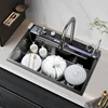 Stainless Steel Large Single Sink Kitchen Waterfall Digital Display Honeycomb Embossed Wash Basin Countertop 3