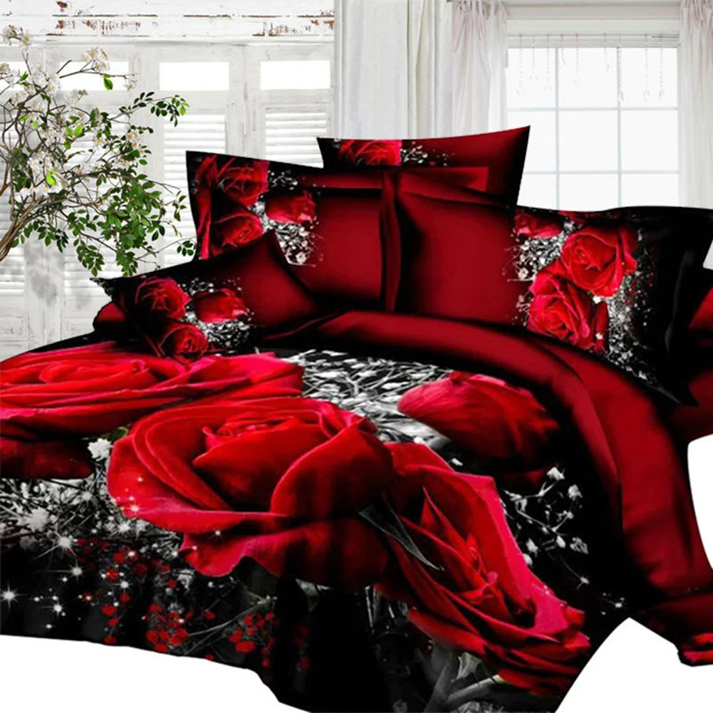 Description Picture 2 of item4 PCS 3D Big Red Rose Floral Bedding Sets Wedding Duvet Cover Sheet Pillow Cases Double Bed Sheet Comforter Quilt King Size