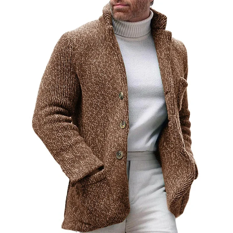 Vintage Stand Collar Mens Sweater Jacket Casual Single Breasted Long Sleeve Slim Sweaters Coat Winter Warm Knitted Cardigan Men
