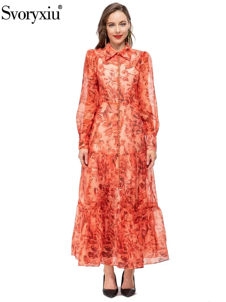 

Svoryxiu Designer Spring Summer Vintage Print Ankle-Length Ruffle Dress Women Lapel Bow Single Breasted High Waist Slim Dress