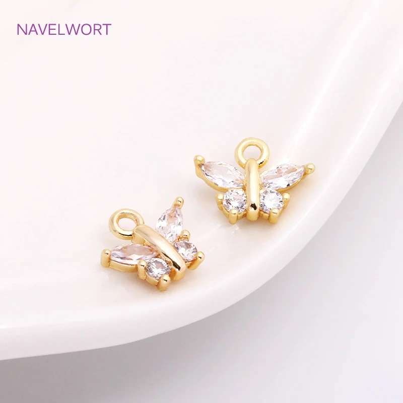 8.5mm*5mm Mini Butterfly Charms For Earring Making Findings,Inlaid Zircon 14K Gold Plating Tiny Butterfly Pendants Wholesale