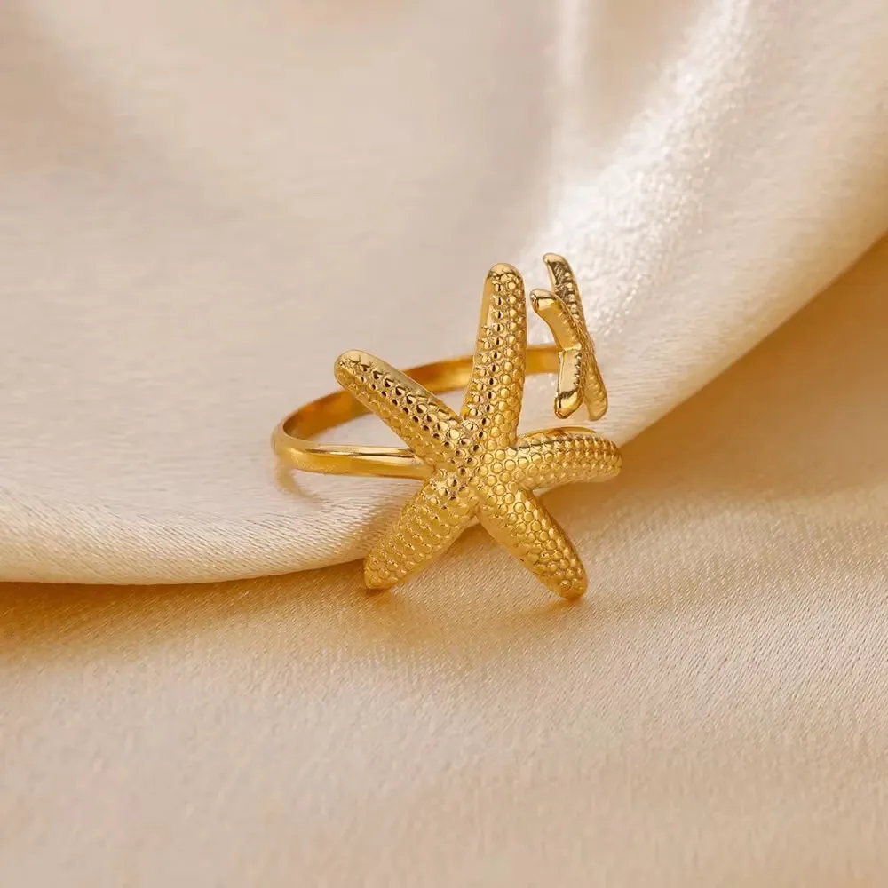 Dainty Zircon Shell Starfish Turtle Evil Eye Rings Stainless Steel Ring Women Anti Fading Golden Charm Jewelry Accessories Gifts 5