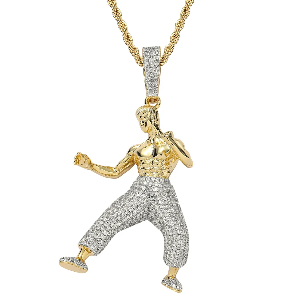 

Hip Hop Claw Setting AAA+ CZ Stone Paved Bling Iced Out Cool Kung Fu Bruce Lee Pendants Necklaces for Men Rapper Jewelry