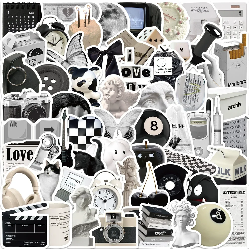 Decorative Stickers 10/30/60Pcs Retro Black Waterproof Graffiti Sticker Aesthetic Decorative Luggage Laptop Phone Fridge Scrapbook Kids Stickers