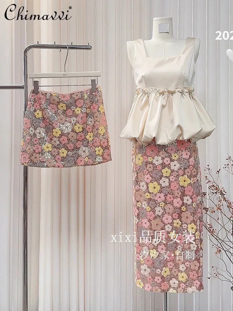 2024 Summer French Style Elegant Square Collar Bud Vest Top High Waist Slim Fit Embroidered Sequins Skirt Women 2 Piece Sets