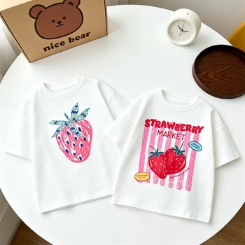 White T Shirt Strawberry Print Tees Round Neck Bottoming Shirt Summer Pure Cotton Clothes Toddler New Loose Casual Sports Tees 1