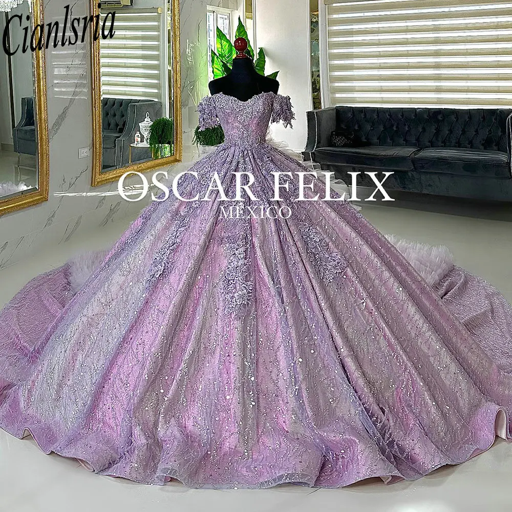 

Lilac Glitter Crystal Sequined Ball Gown Quinceanera Dress Off The Shoulder Appliques Lace Corset Vestidos De XV Años