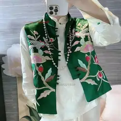 2024 vintage hanfu tops chinese traditional ethnic satin vest national flower embroidery sleeveless jacket oriental tang suit