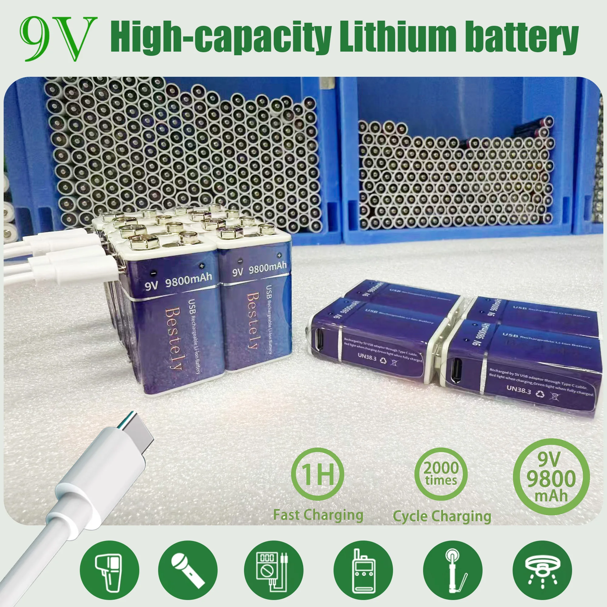 High-Capacity 9V Li-ion Rechargeable Battery with Type-C Charging Port