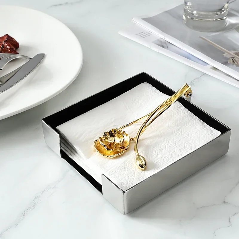Ins European Stainless Steel Tissue Box Brass Ginkgo Leaf Decor Hotel Table Napkin Holder Afternoon Tea Desktop Tissue Organizer 4