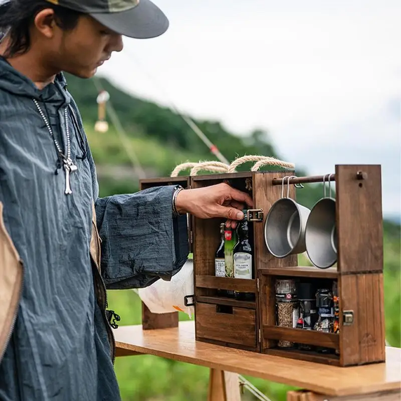 Camping Split Type Multi-layer Seasoning Cabinet Portable Folding Grill Caddy Picnic Wood Condiment Box For Camping Supplies storage bag camping storage bag spice container