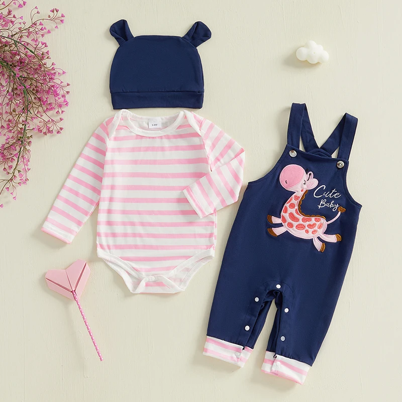  소녀 가을 복장 줄무늬 긴 소매 Romper 기린 자수 전체 바지 모자 3 Pcs 세트