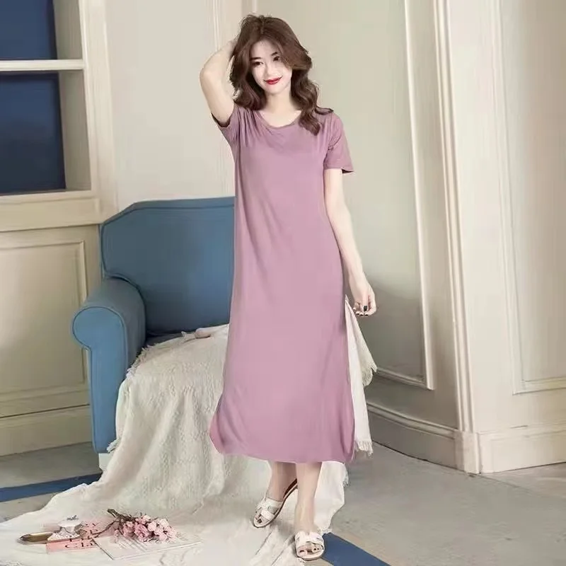 2024 Modal pajamas for women in summer with thin chest pads, one-piece bra pajamas, summer long, knee length, can be worn extern