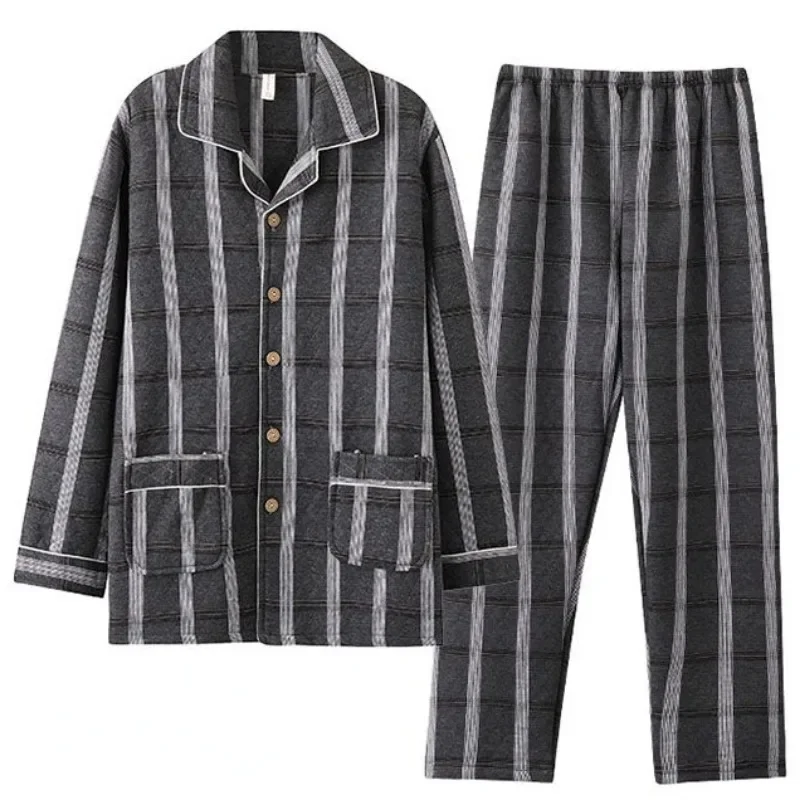 2024 Autumn Winter Men Pajamas Long Sleeves Thickened Laminated Cotton Warm Sleepwear Set Middle-aged Elderly Plus-size Homewear