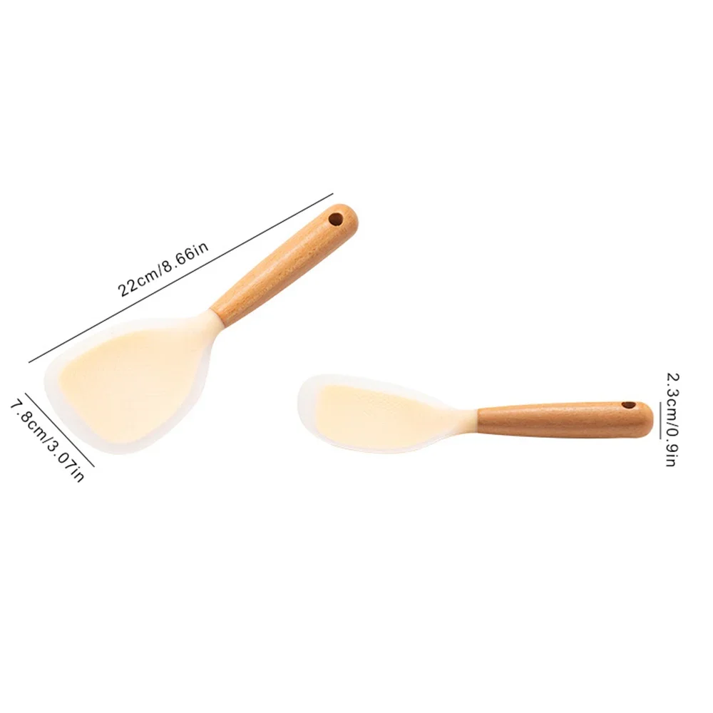 1Pcs Wooden Handle Silicone Rice Spoon Non-stick Electric Rice Cooker Food Grade Shovel Spoon Standable for Kitchen