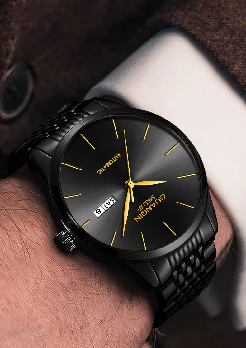 Orologio meccanico da uomo di lusso GUANQIN, movimento autentico, cassa in acciaio inossidabile, doppio calendario, orologi da lavoro e tempo libero, impermeabili fino a 50 m_voghion.com