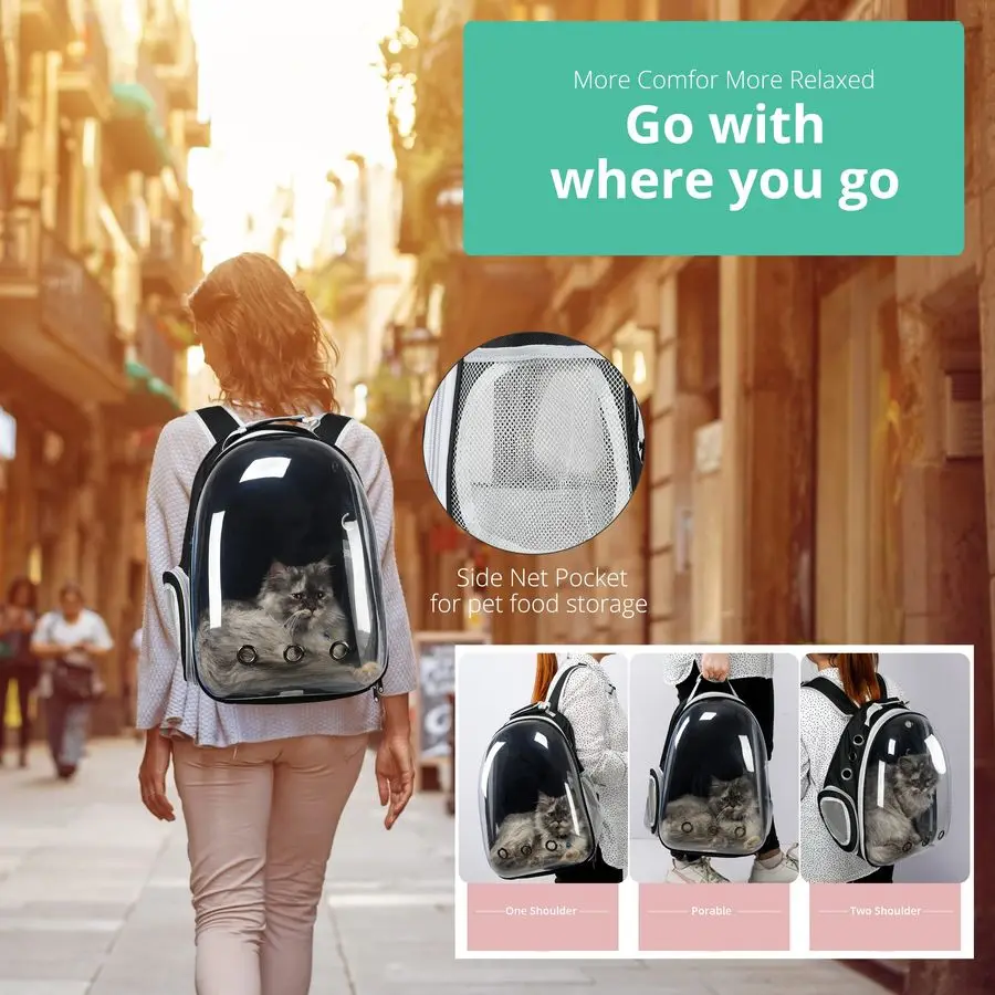 Airline-Approved Bubble Pet Backpack Carrier – 4PCS Set with Collapsible Bowl, Cat Collar & Interactive Toy