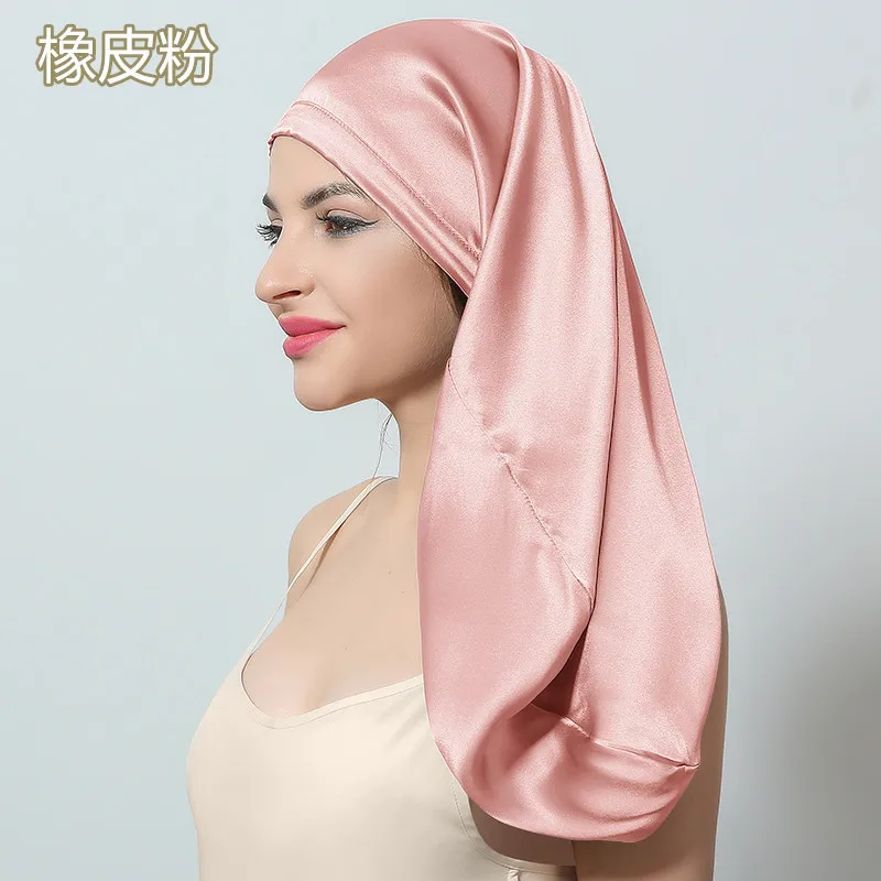 Birdtree 60cm 6A 100%Real Silk Bonnet Women Elastic Wide Edge Long Hair Hat Sleeping Hats Silk Wrap Night Hair Care Cap A41104QC 2