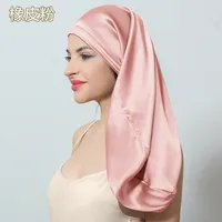 Birdtree 60cm 6A 100%Real Silk Bonnet Women Elastic Wide Edge Long Hair Hat Sleeping Hats Silk Wrap Night Hair Care Cap A41104QC 2