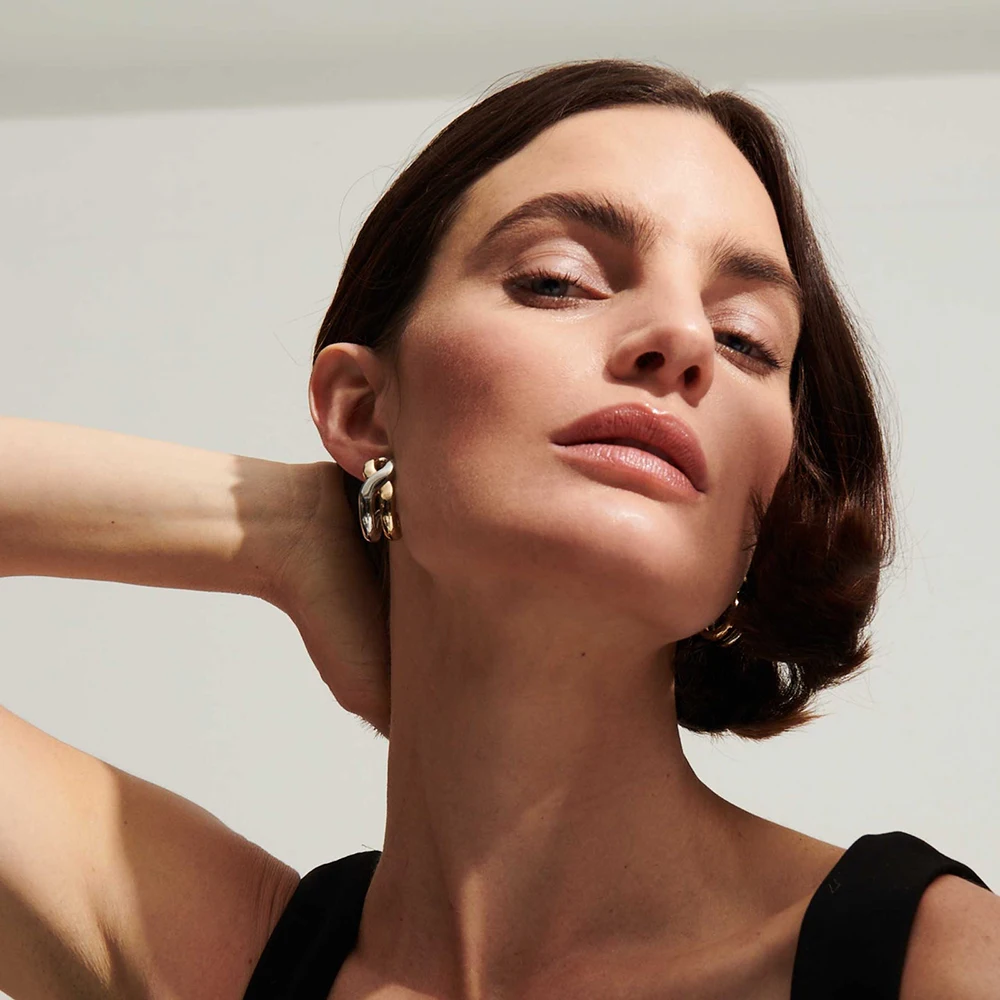 18K Gold Plated Two-tone Double Layer Twist C Shape Hoop Earring Waterproof Hypoallergenic Huggie Earring Statement Jewelry Gift