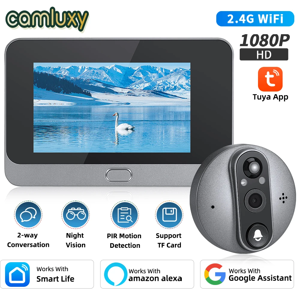 

Camluxy Smart Tuya 1080P WiFi дверной звонок и камера-глазок 5000 мАч Аудио 4,3" PIR Обнаружение движения Alexa Google Digital Viewer
