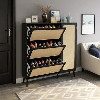 FOKWE Natural Rattan Shoe Cabinet, Shoe Cabinet with 3 Flip Drawers and Storage Shelves, Modern 3-Tier Shoe Rack Storage Cabinet 1