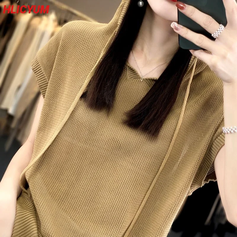 

Women's T-shirt summer new wool short-sleeved Tees casual solid color knitwear hooded collar ladies Tops repair loose Blouse