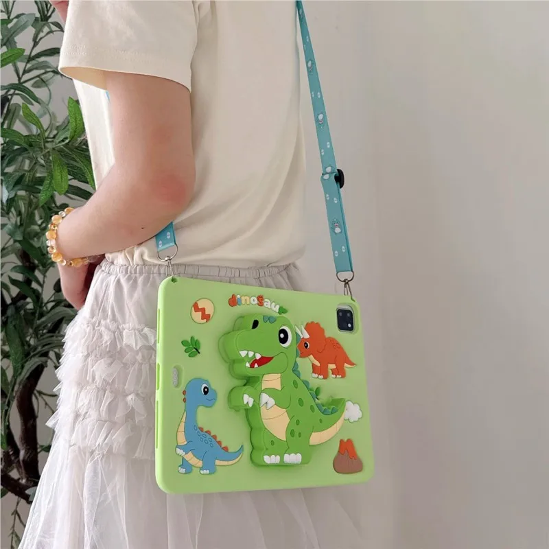 3D Dinosaur Silicone Shockproof Kids Carry Case with Stand and Shoulder Strap