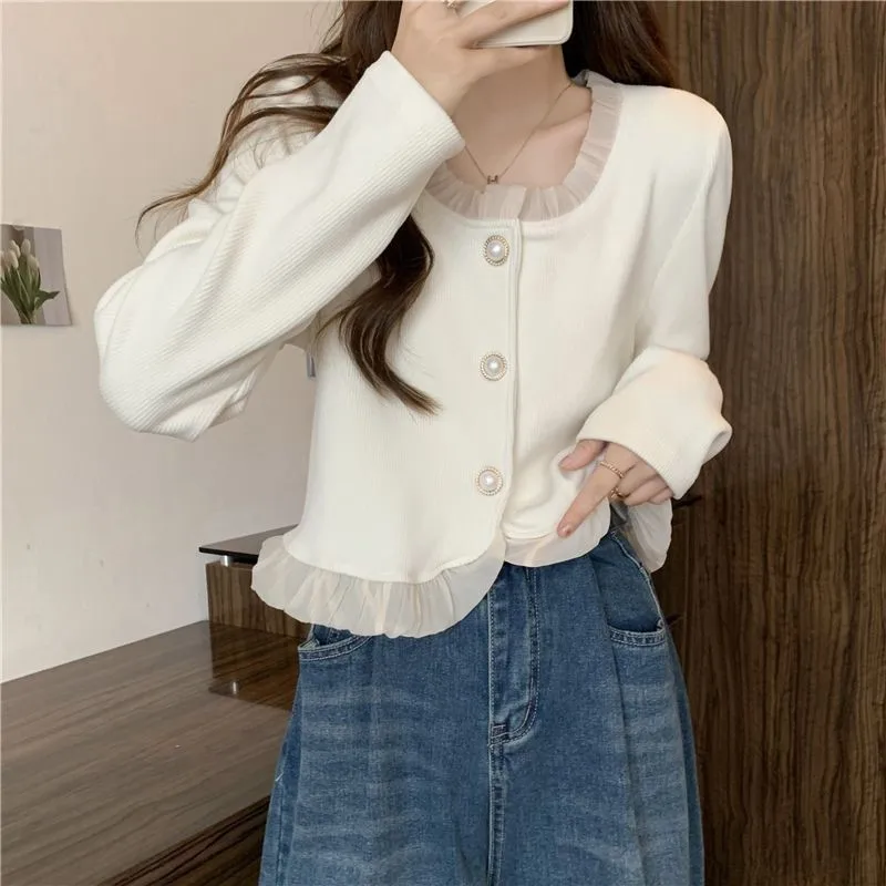 B-TOTO Slimming Belly-covering Lace Splicing Long-sleeved Bottoming Shirt For Women All-match Cardigan Shirt Top New Style 2024