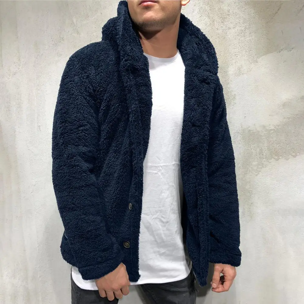 

Men Outerwear Men's Winter Hooded Fluffy Fleece Coat with Button Closure Thick Warm Outerwear for Cold Weather Long Sleeve Solid