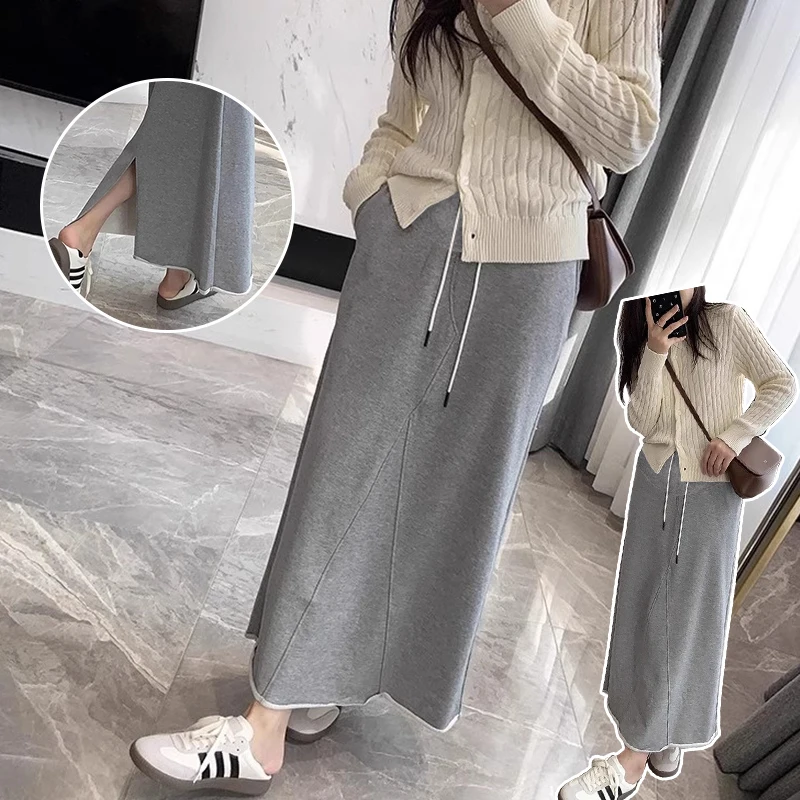 Good Quality Korean Style Pregnant Women Long Skirt Drawstring Waist Loose Casual Maternity Cotton Step Skirts Back Split Skirts