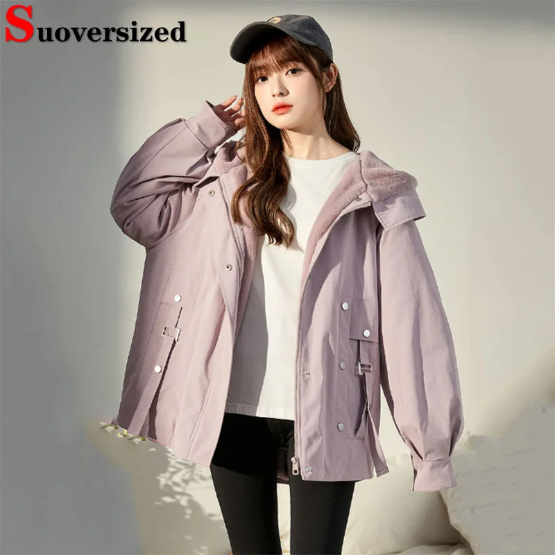 

Loose Hooded Short Parkas Plush Velvet Lined Casual Women Warm Jackets Korean Elegant Jaquetas Winter Thicken 2023 New Chaquetas