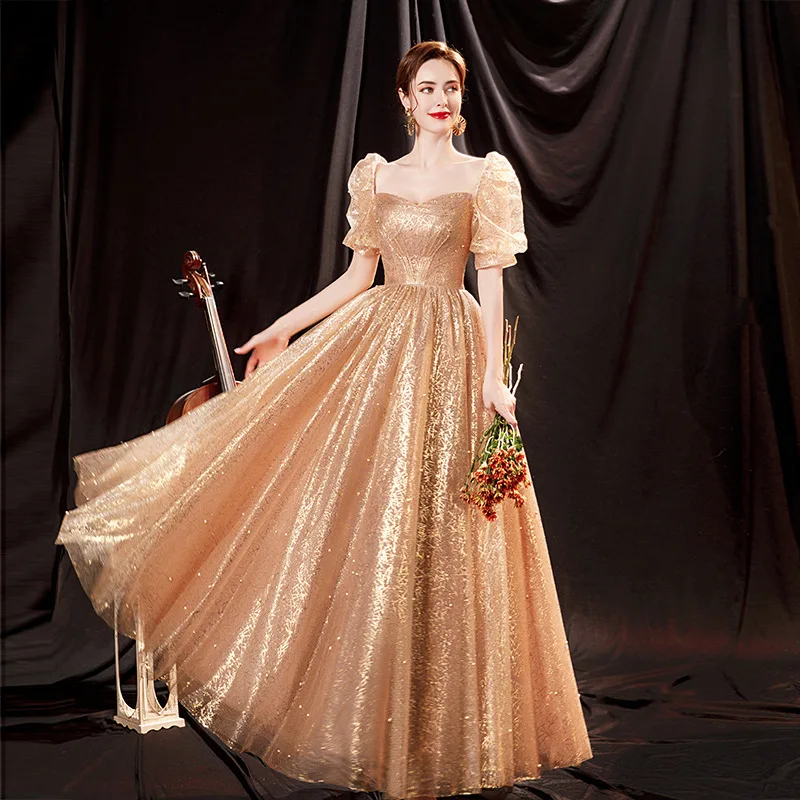 

Gold Sparkly Prom Dresses Long Floor Length Puffy Short Sleeves Floor Length Sweetheart Long Sequined Evening Gowns