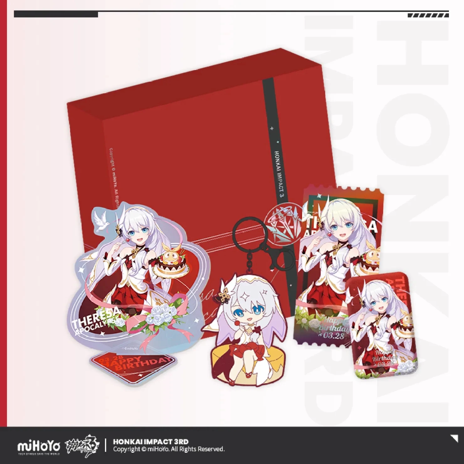 

3D Game Honkai Impact 3 Cosplay 2023 Theresa Apocalypse Theme Birthday Gift Box Acrylic Stand Metal Badge PVC Pendant Anime Suit