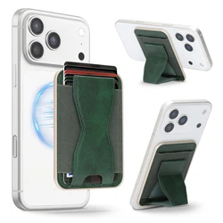 Magnetic Leather Folding Wallet Card Holder with Ring Stand and Mag - safe Compatibility (Green)