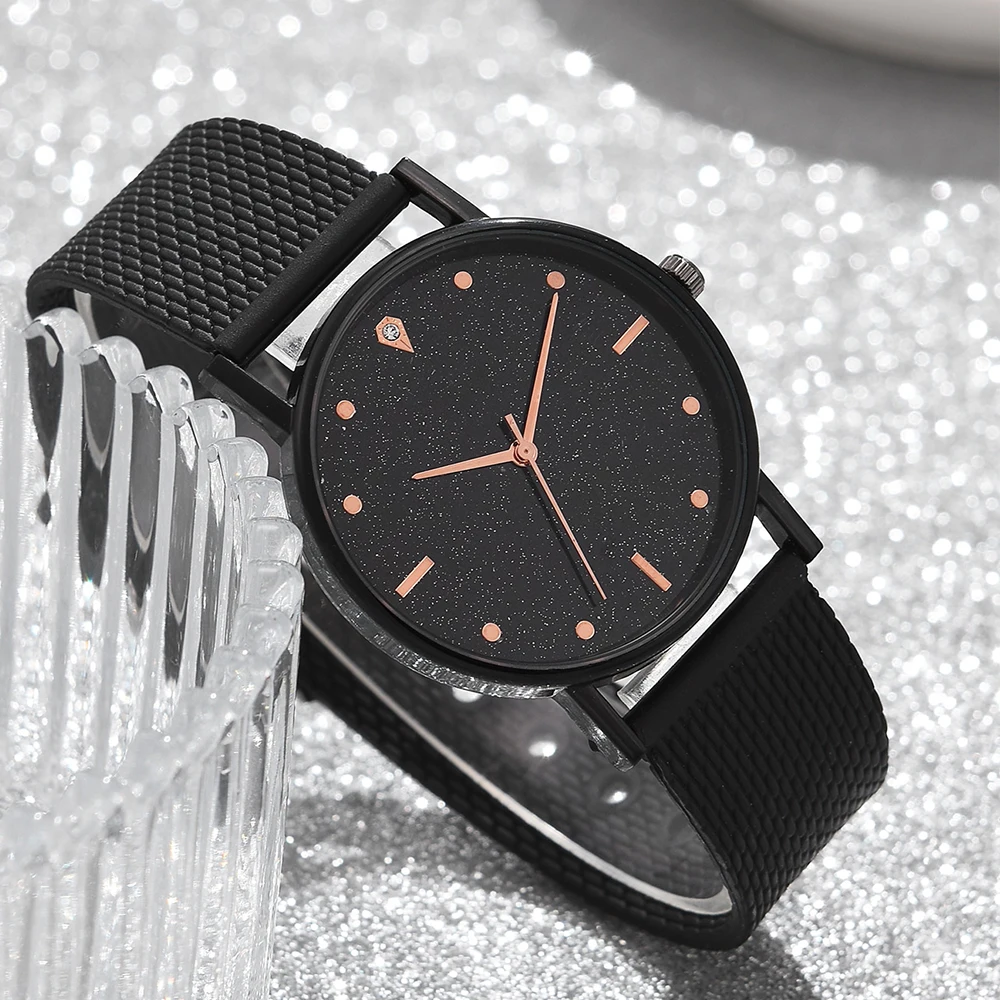 2PCS Set Black Luxury Rhinestone Watches Women Crystal Quartz Bracelet Watches Wristwatch Ladies Dress Wristwatch Clock
