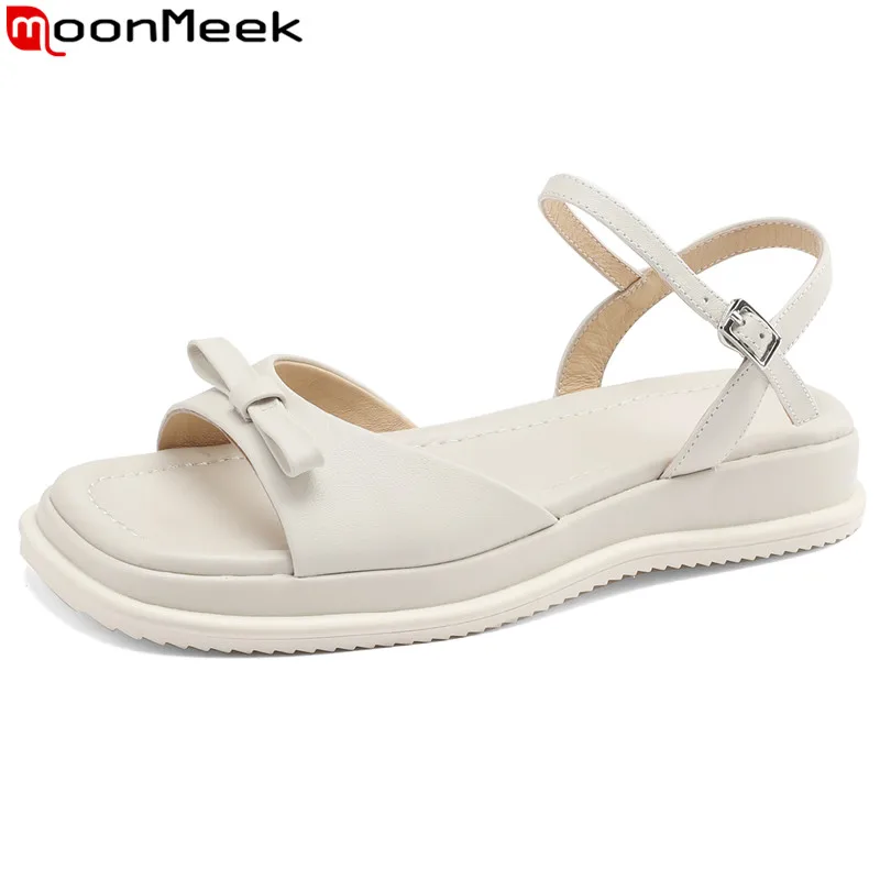 

MoonMeek 2023 New Buckle Ladies Summer Sandals Genuine Leather Slingbacks Sandals Woman Classics Flat With Heels Platform Shoes