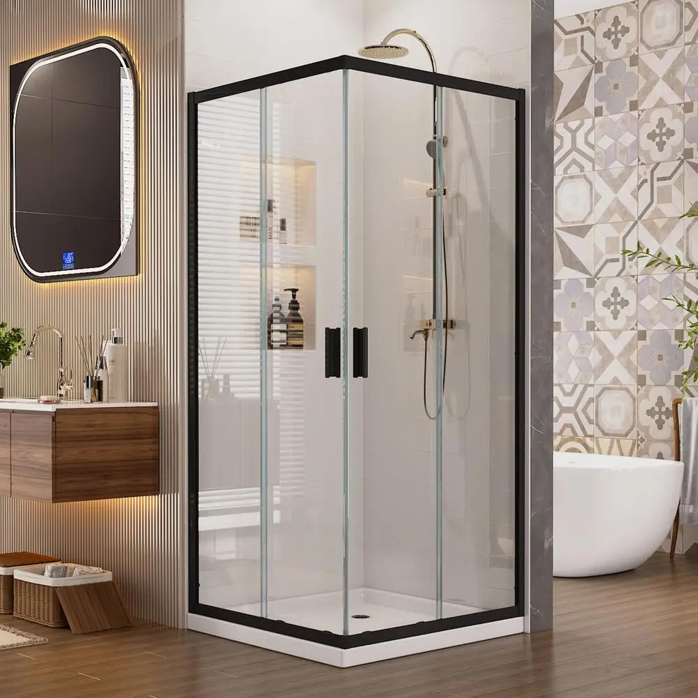 Corner Shower Enclosure Clear Tempered Glass Stainless Steel Frame 36"x36"x76" Double Sliding Black Door Waterproof Design ANSI 2