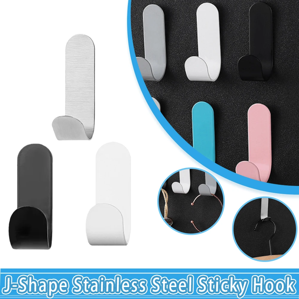 5Pcs J-type Hook Stainless Steel Strong Adhesive Punch-Free Hook Wall Finishing Household Clothing Bedroom Kitchen Bathroom Tool stainless steel hook