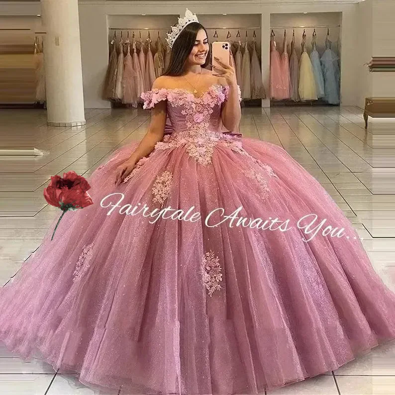 

2024 Light Pink Quinceanera Dresses with 3D Floral Applique Tulle Off the Shoulder Beaded Pleats Sweet 15 16 Birthday Ball Gown