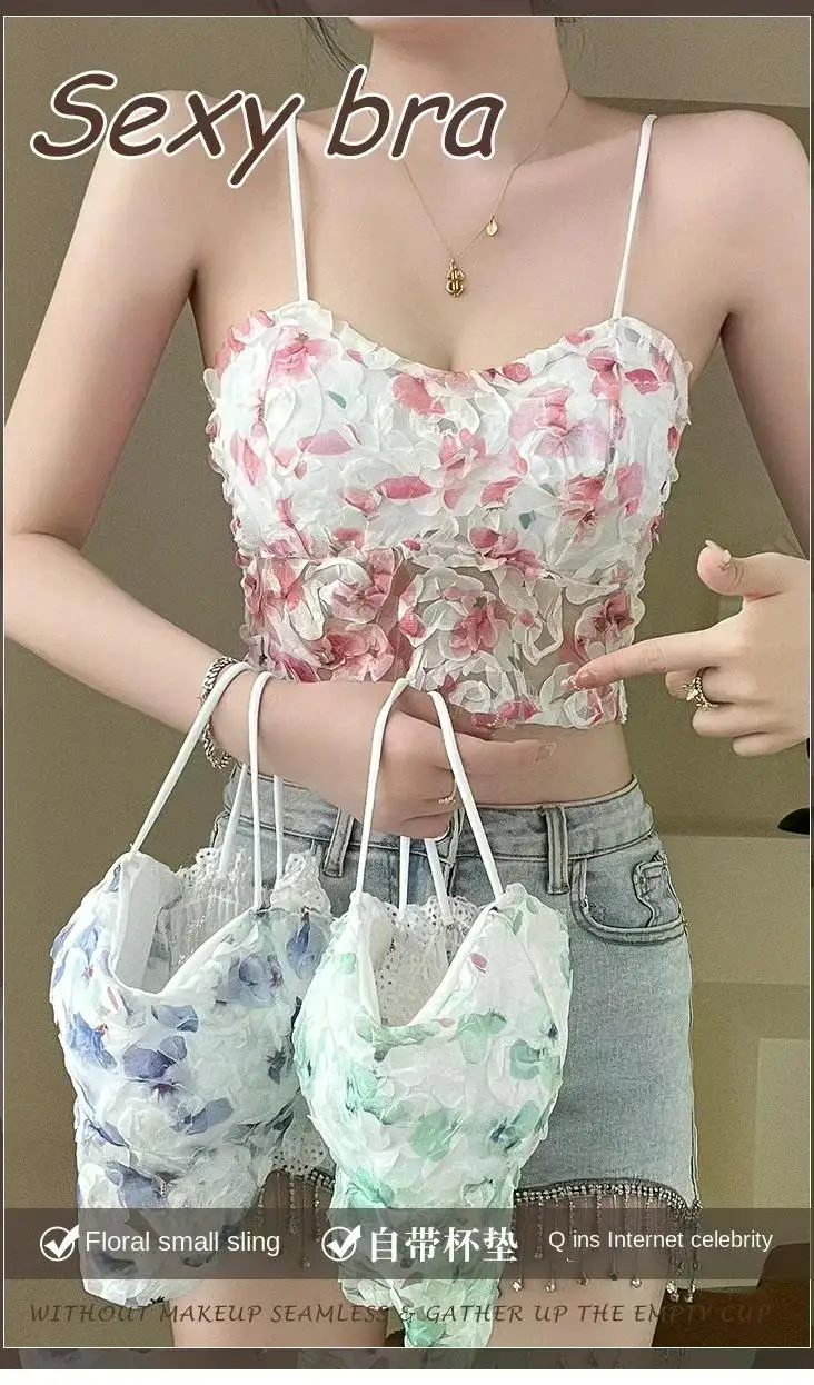 Description Picture 2 of itemLace Crop Top Women Rose Floral Bra Mesh Tube Top Beauty Back Bra Seamless Cami with Chest Pads Sexy Tank Top Sweet Lingerie