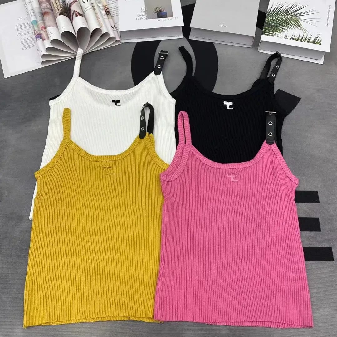 

2024 Spring/Summer New Faucet Embroidered Knitted Suspender Women's Design Leather Buckle Slim Fit Short Tank Top Designer Tees