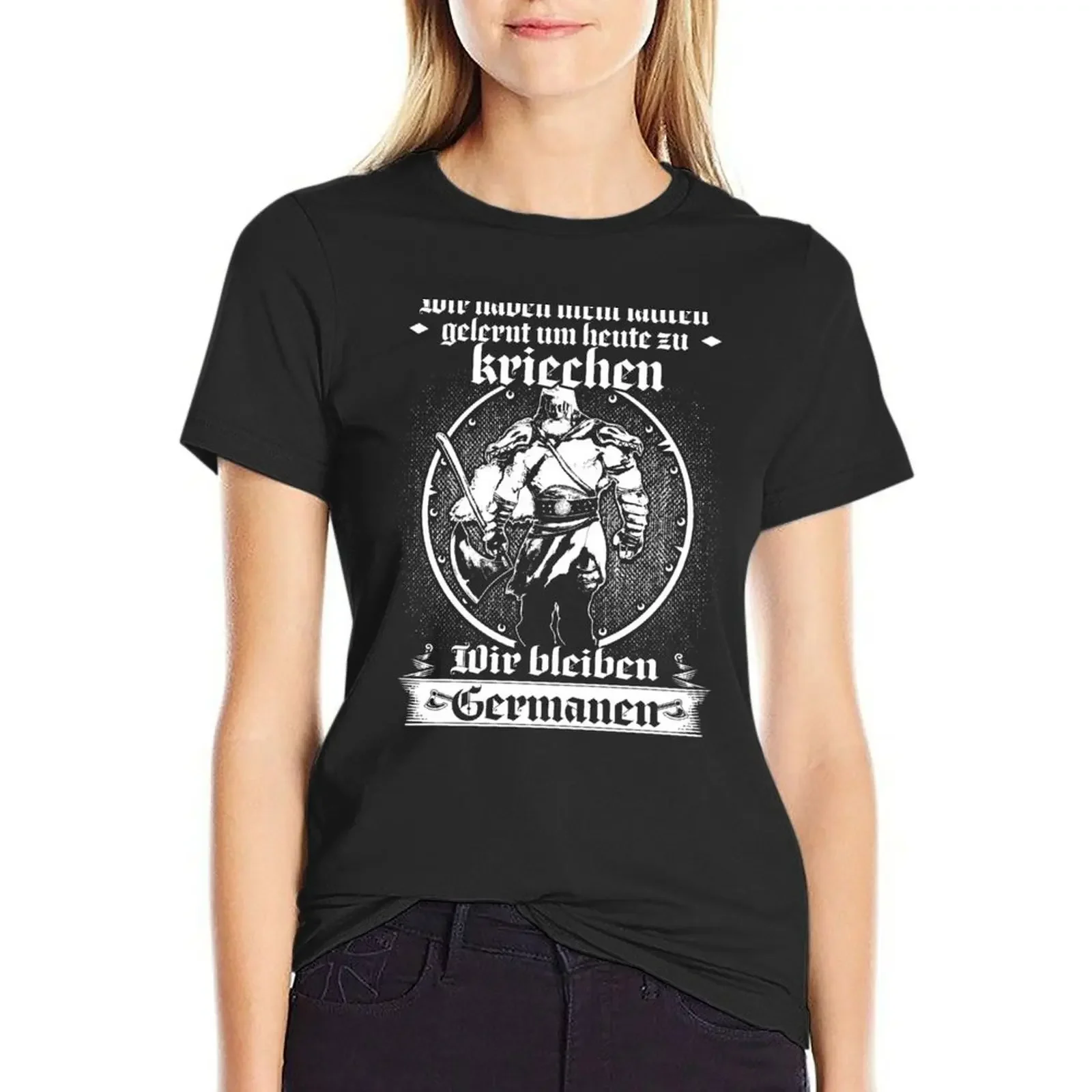 

Женская футболка wir haben laufen gelernt um saute zu kriechen wir bleiben немецкая футболка